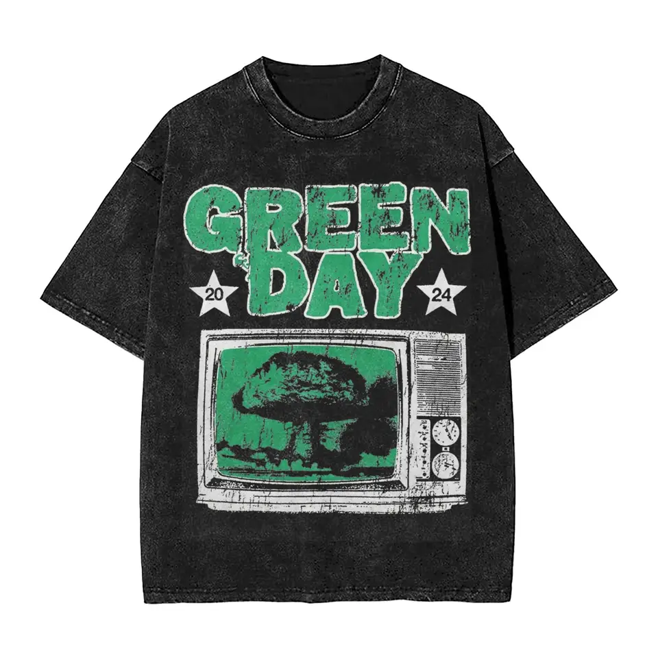 Zelený denný rockový kapela 2024 Washed T tričko Cool Streetwear for Men Dámske spasiteľky Tour hiphop tričká 100% bavlna