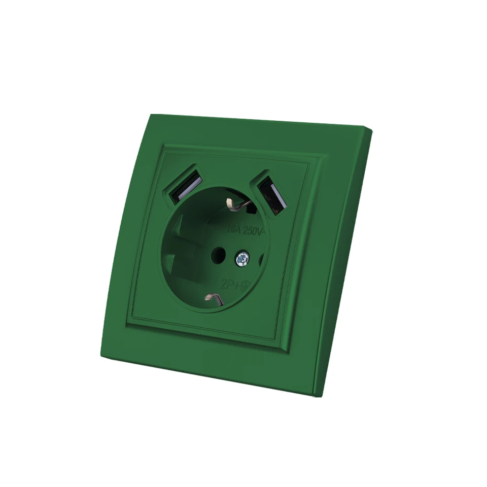 Zelený štandard EÚ s mletou farbou plastom 250V stena vložená klasické elektrické zásuvky horák spomalené USB Power Sockets 250V