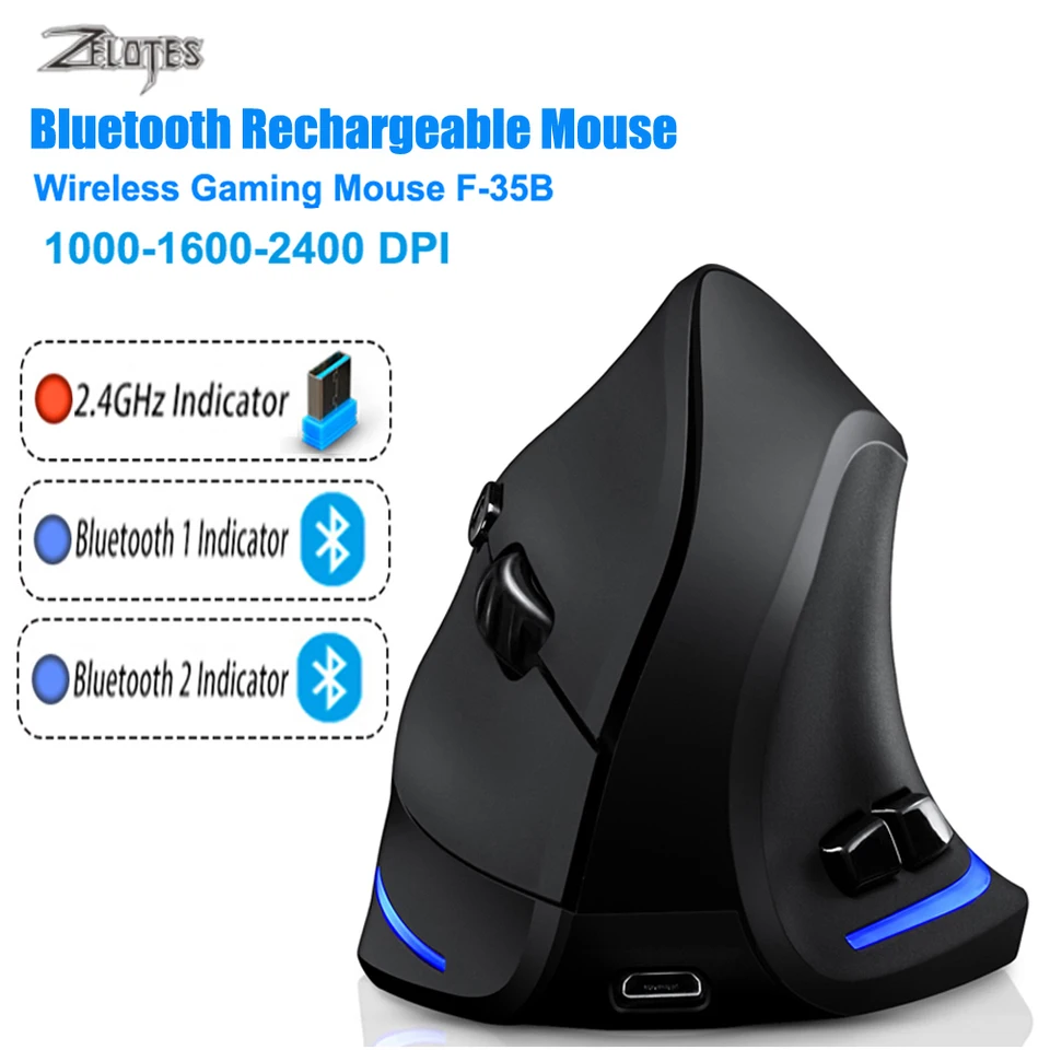 Zelotes Bluetooth Mouse vertikálne bezdrôtové dobitie myši Optické RGB USB Game Myši pre Windows Mac 2400 DPI 2.4G pre PUBG LOL CS