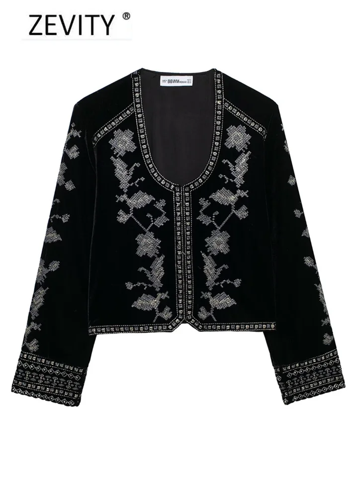 Zemity nové ženy vintage o krk geometrické kvetinové výšivky krátke zamatové kabáty Office Lady Long Ruckve Outwear Tops Tops CT7352