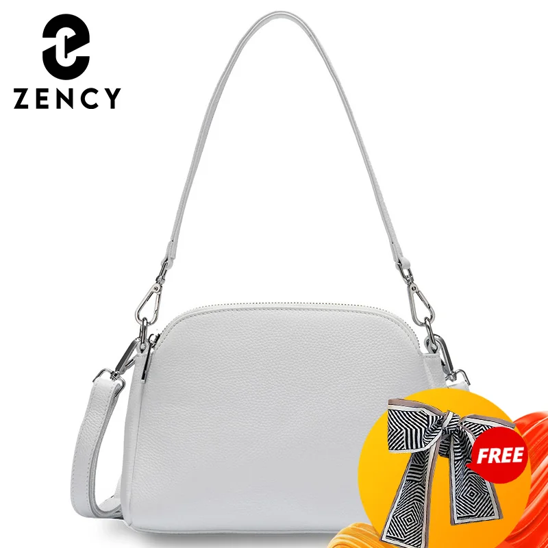 Zency 100% originálne kožené módne dámske ramenné tašky Biele tašky Dva zipsy zatvárajú elegantné krížové kabelky čierna