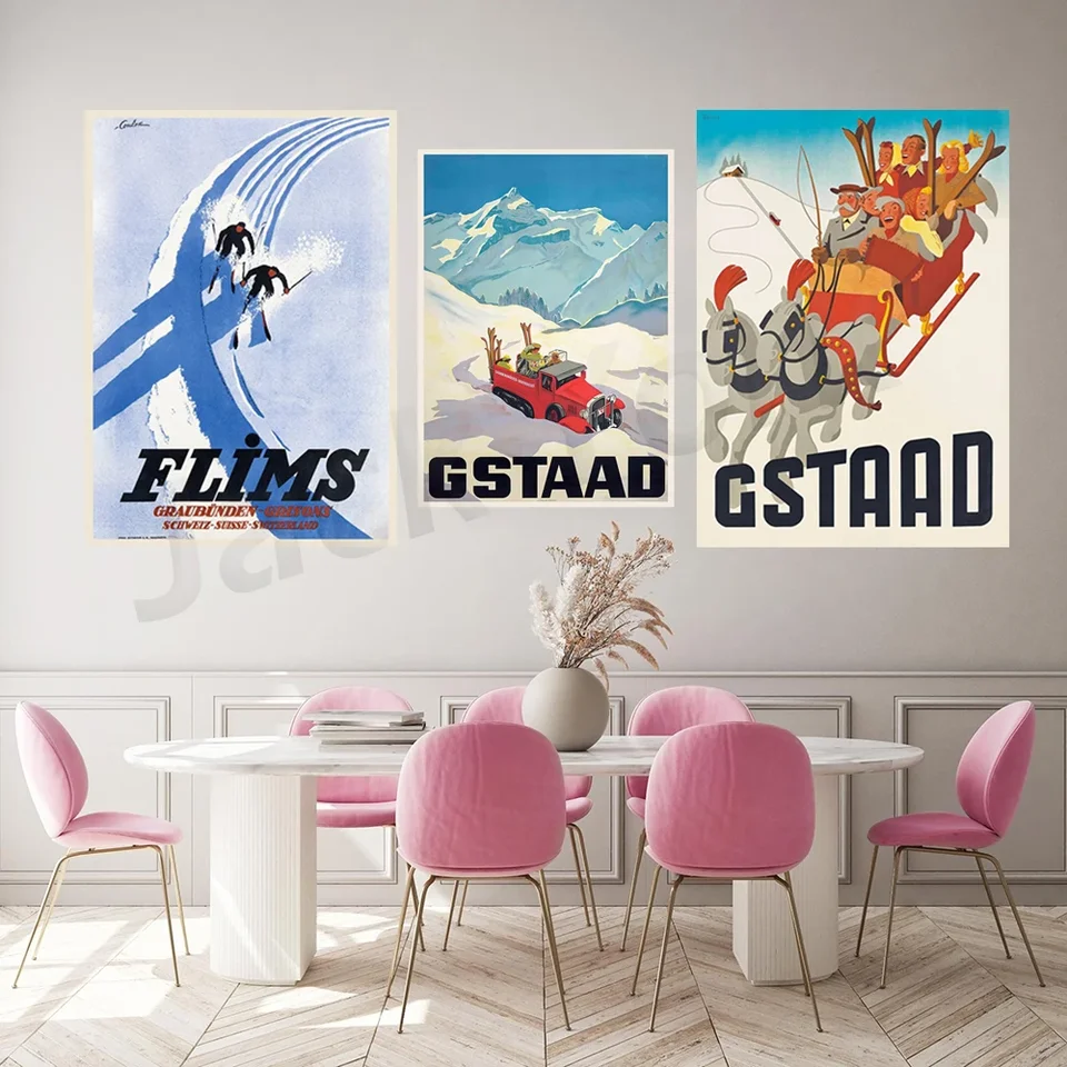 Zermatt, Flims, Gstaadt, Crans-Montana, Pontresina, Engadin, Pontresina, Gstaad, Švajčiarsko Vintage cestovný plagát