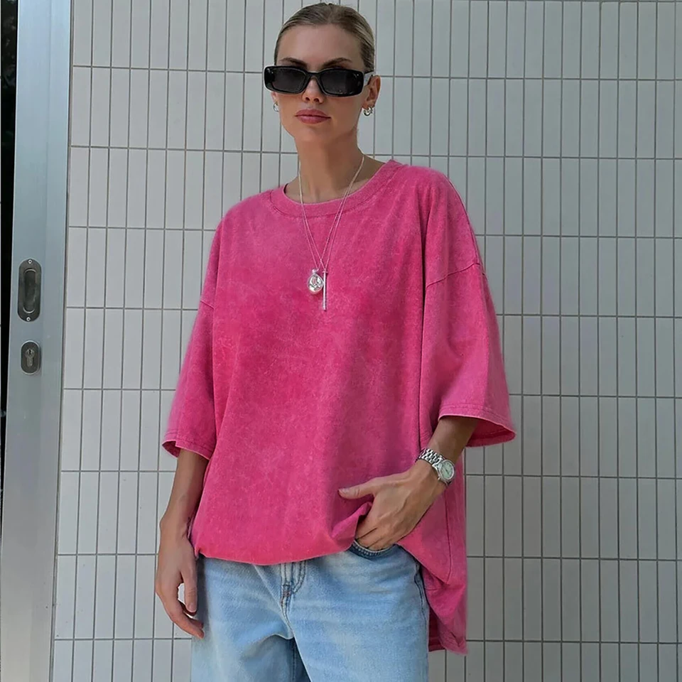 Zessam Solid Washed Old Graphic tlače Dámske tričko O-krk na krátky rukáv Lady Pullover Classic Casual Vintage Femme Top