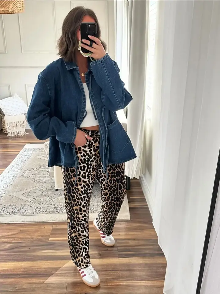 Zevity 2024 Nové ženy Vintage leopard tlač zips fly elastický pás rovné nohavice ženské príležitostné štíhle nohavice Mujer P6215