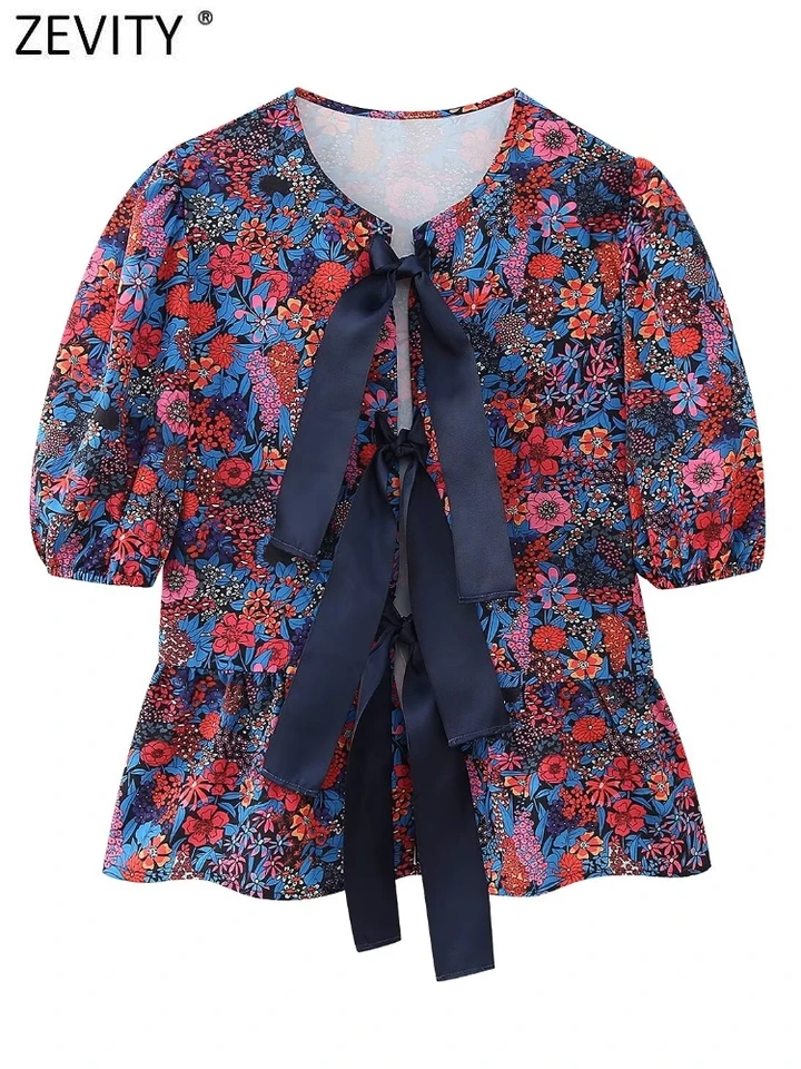 Zevity Women Fashion o krk Puff Ruckve kvetinová tlačka Príležitostná blúzka Kancelária Lady Lons Tied Tid košeľa elegantné chamise blusas tops ls263