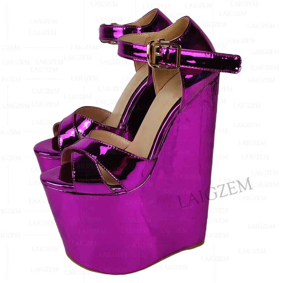 Zhima Women platforma kliny sandále 22 cm lesklé vysoké podpätky Pumps Party ručne vyrábané výška Zvýšenie topánok Žena veľká veľkosť 39 43 46 47