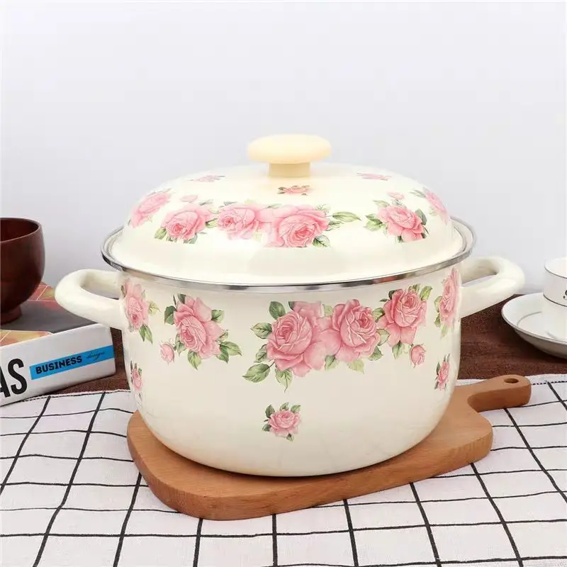 Zhrusnutá 16-24 cm Elegantná ružová ružová sklovina s dvojitým ušným panvicom s vekom s vyprážaním duseného varenia a horúcou hrnčkou Fondue pre rezance