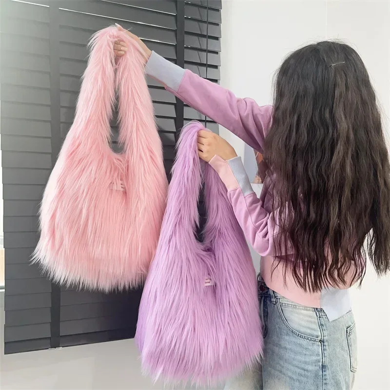 Zima jasná farba mäkká dlhá plyšová taška na rameno dizajn pevná farba veľká kapacita Y2K Hot Girls Furry Faux Fur tote Bag Female