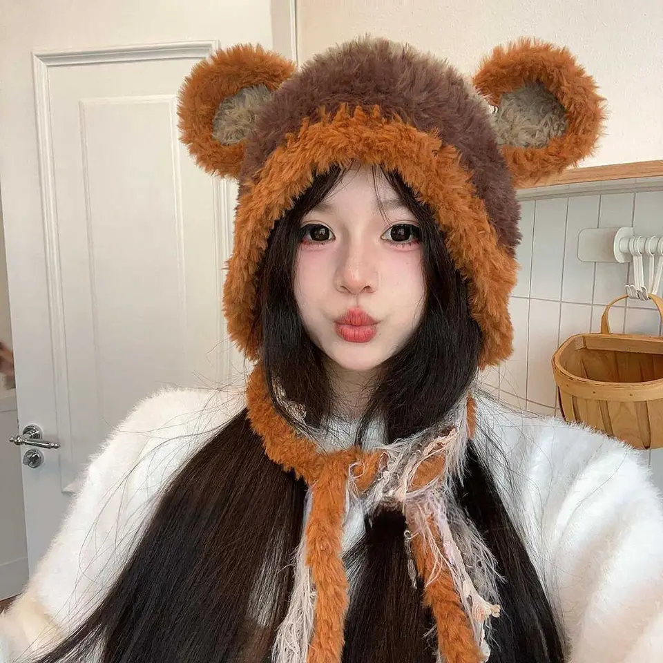 Zima kórejský roztomilý medvedí klobúk teplý plyšový faux kožušinový klobúk outdoor Cascur Women Fluffy Hat Streetwear