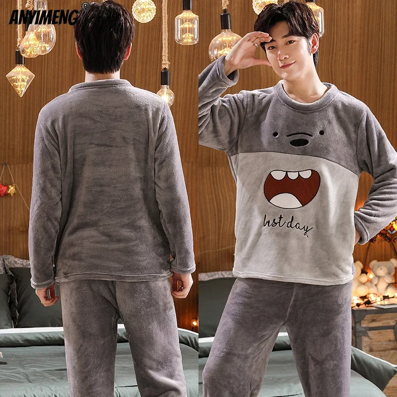 Zima New Mens Pyžamá roztomilé medvede výšivky Soft Flanel Leisure Sleewear For Men Boys Casual Pajama Preppy štýl muž pijama