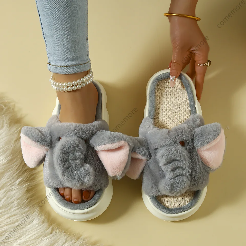 Zima nová dámska slonová papuče Žena fuzzy fleece prasiatko sklíčka topánky Dámske klinky Indoor domáce topánky Furry Loafer