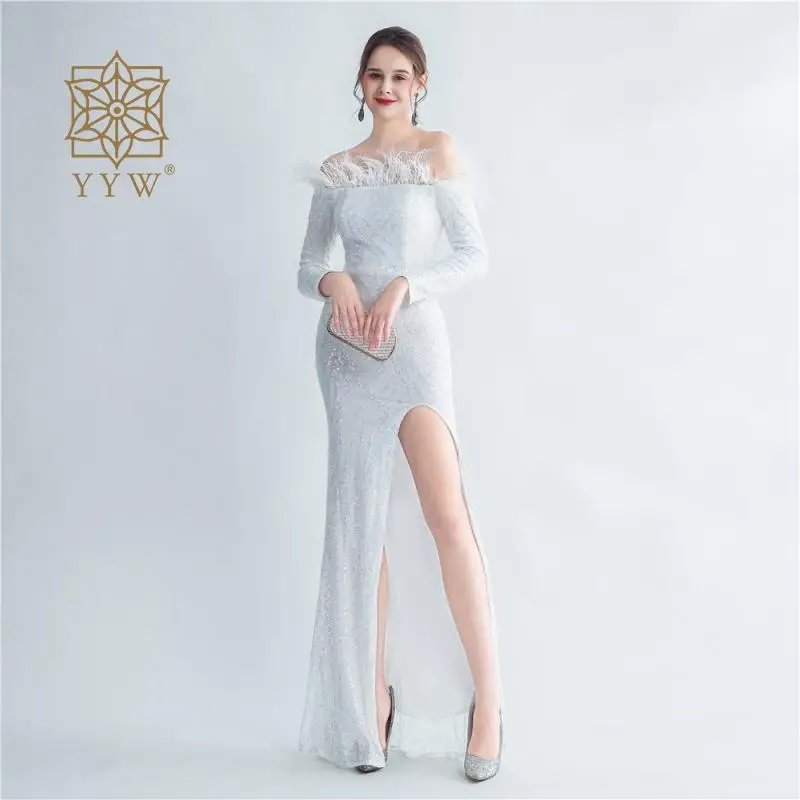 Zima nová mimo plece dlhé morské šaty pre ženy pre ženy ženy biele zamatové strany Split Glitter Even Gown Crystal Svadba Vestido