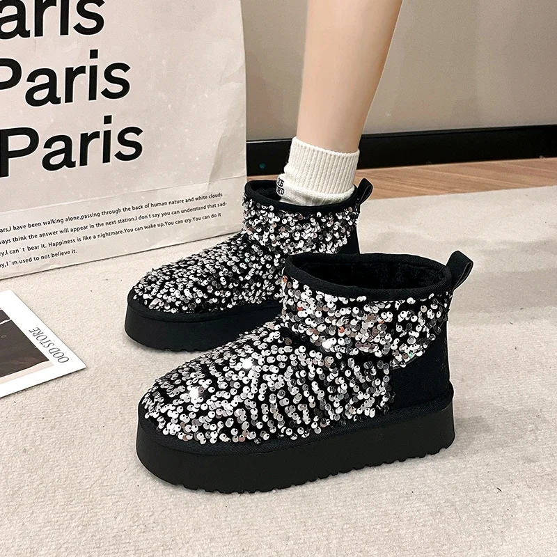 Zima nová teplá 4 cm platforma Snehové topánky Black Bling Slidre Flowrint Worked Woots Fashion topánky Luxusné lesklé semišové topánky