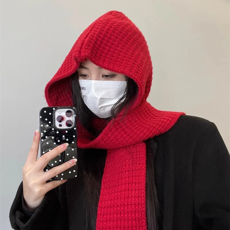 Zima nová zahustená teplá balaclava dámska dámska pletená jednodielna šálka klobúk dievčatka na ochranu uší kapucňa klobúk Cape Shawl Bib vlnená čiapka