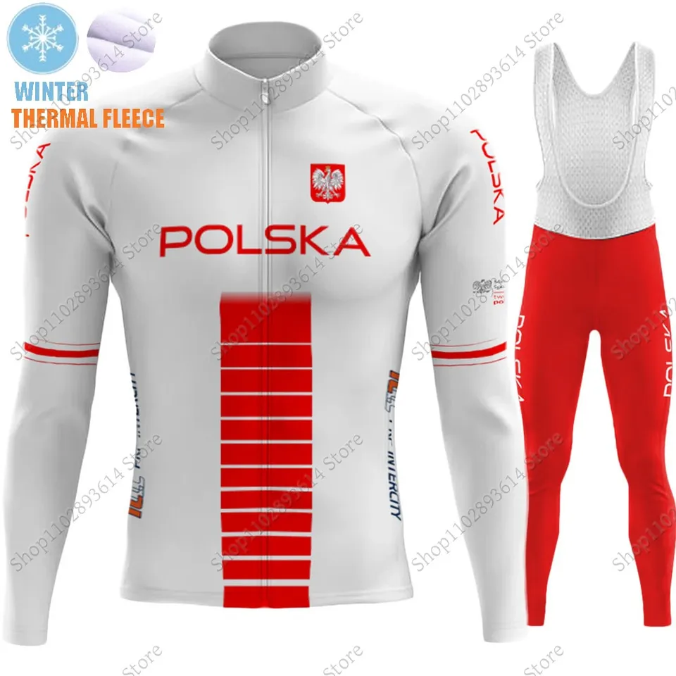 Zima Polska Národný tím 2024 Cyklovací dres Set Poľsko Oblečenie Oblečenie Pánske s dlhým rukávom MTB Road Cesty Pants Bib Ropa Ciclismo