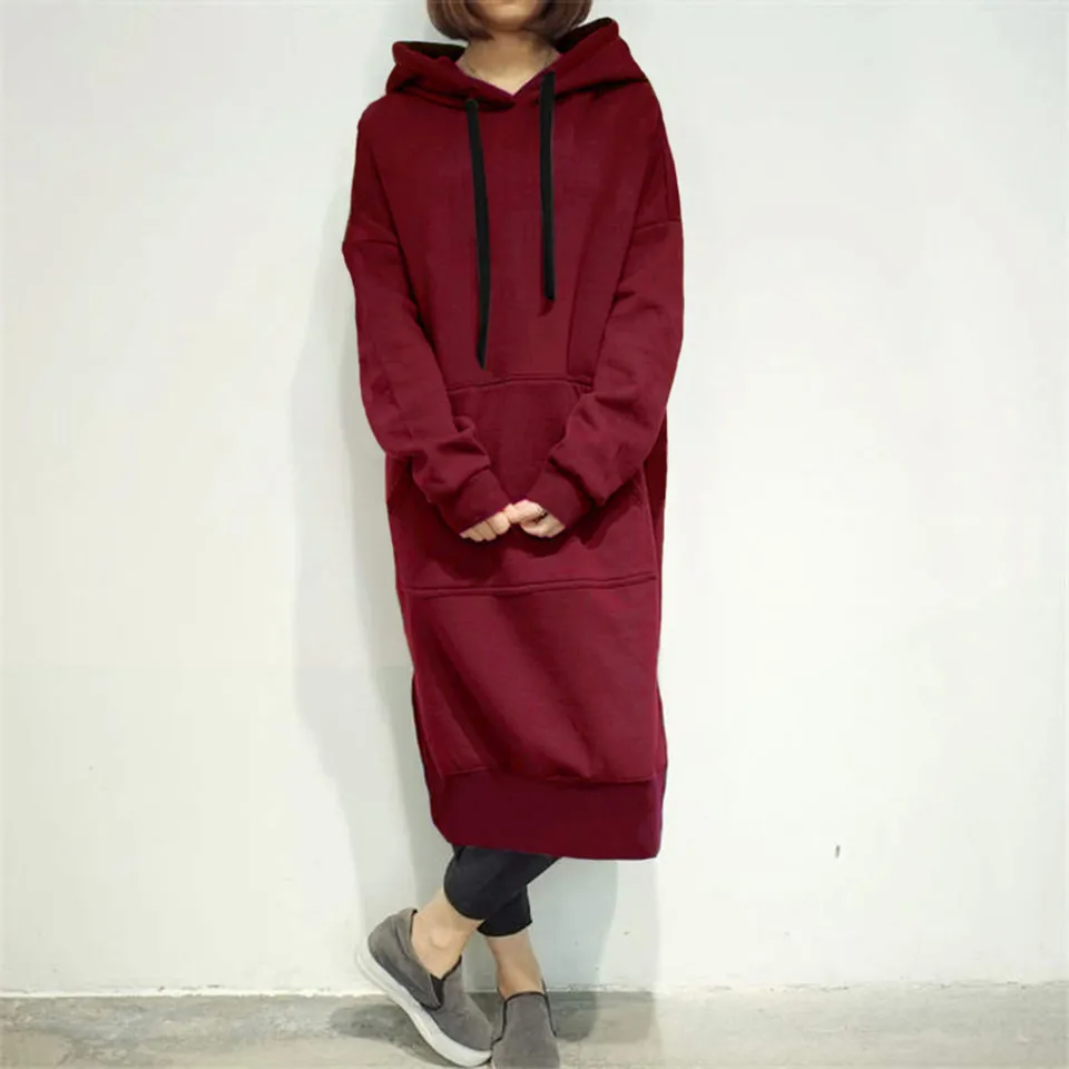 Zima teplá mikina Ženy s dlhou kapucňou vrecká s nadmernou nadmernou mikinou mikiny dlhé šaty voľné mikina pullover vrcholy ropa mjer