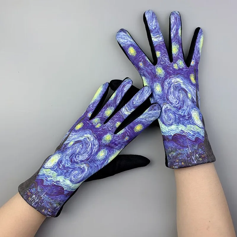 Zima teplý van gogh olejomaľba rukavice módne retro opera výkonnosť Women Cycling Dotknutá dotyková obrazovka Full prst zahusťuje