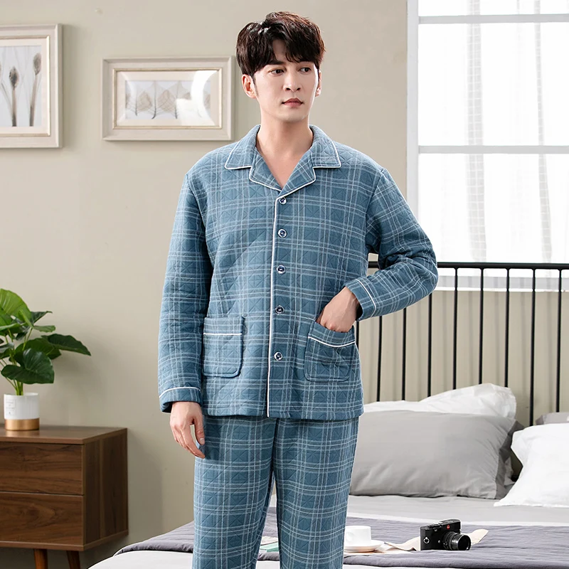 Zima udržiavajte teplé tenké prešívané pyžamové súpravy pre mužov s dlhým rukávom Air Cotton Interyer Sleewear Loungewear Homewear Domáce oblečenie