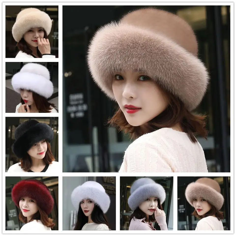 Zimná dámska faux kožušina Lady Rabbit Fur Warm Cap s faux líškou kožušinami brim uší