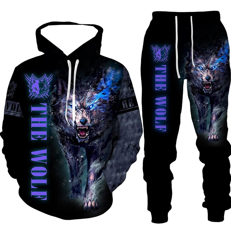 Zimná jeseň Wolf Animal Pattern 3D tlačené tepláky a kapucňa Set Tracksuit Men Clothing Suit Nadory Streetwear Sportwear