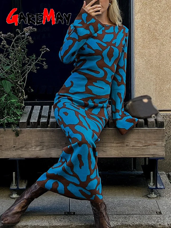 Zimná jeseň Ženy pletené šaty tesné maxi dlhé rukávy modré elegantné dámske šaty sveter midi rebrované pletené pletené šaty elegantné