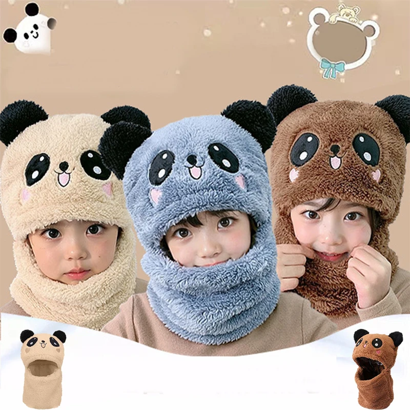 Zimná karikatúra panda deti plyšový šatový klobúk vonkajšia lyžiarska lídrovo veterná čiapka Balaclava Cap Kids Girls Girls Boys Lamb Fleece s kapucňou