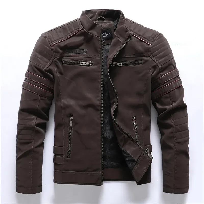 Zimná kožená bunda fleece teplé kauzálne vyšívanie motocyklov PU Coats Fashion Multi-Pocket Vintage Outwear Male Autumn Bundes