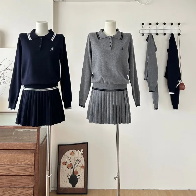 Zimná kórejská móda dvojdielne súprava pletený sveter+Solid Mini Pleat sukňa klasické kauzálne ženy retro súpravy 2024 Chic Clothing