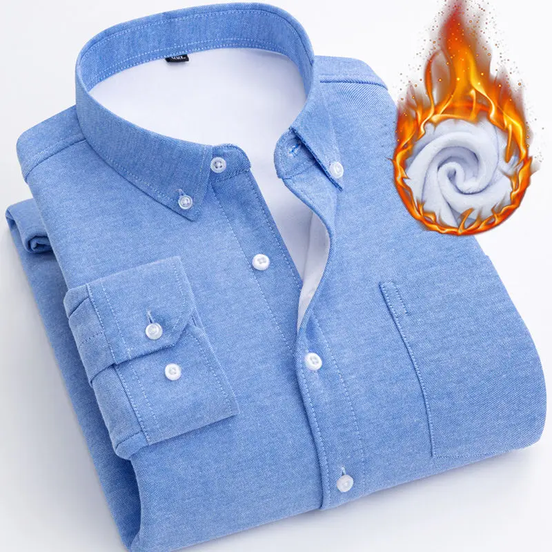 Zimná pánska tepelná košeľa zahusťuje teplé fleece zamatové ležérne šaty košele Oxford Cotón s dlhým rukávom Slim Fit Fit Show Comfort