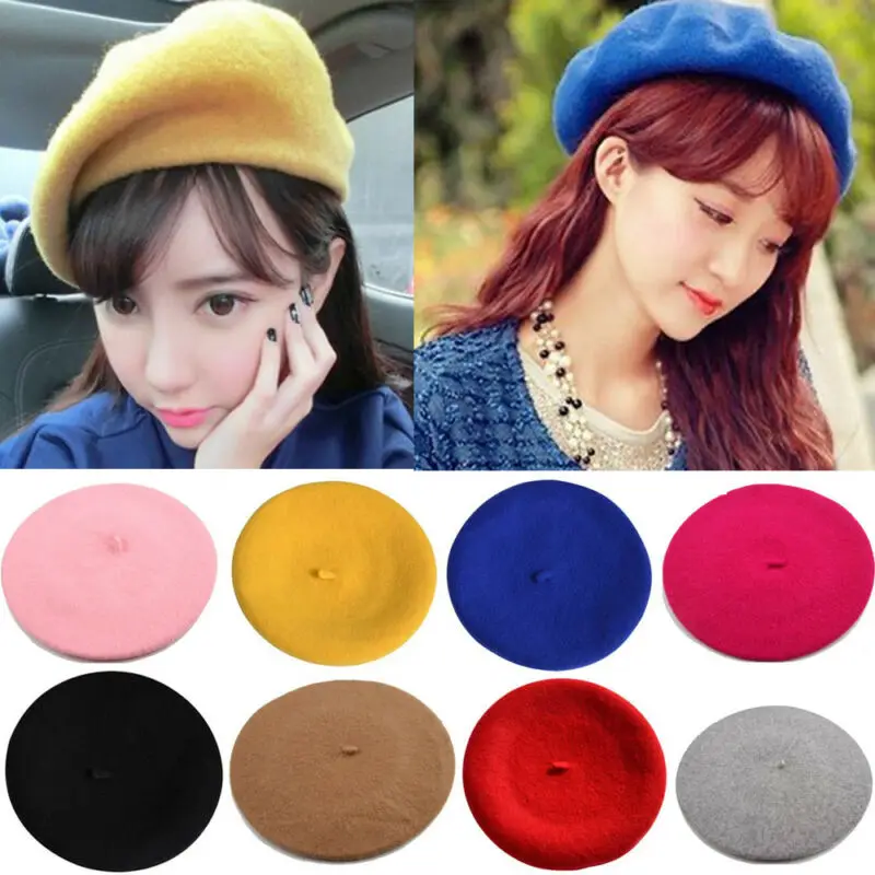 Zimná teplá faux vlna vintage unisex žien dievčatá francúzsky umelec Beanie Hat Cap Kawaii Ploché top top caps ohrievače 11 farieb