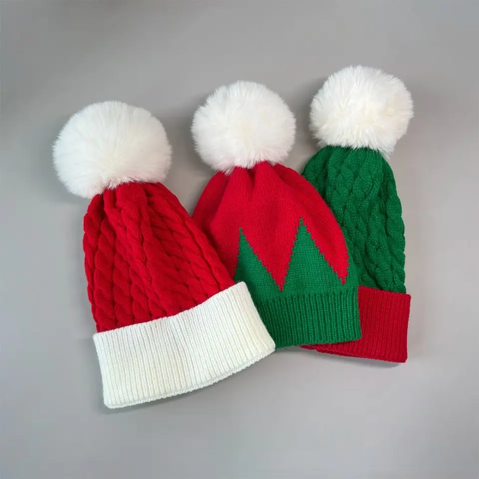 Zimná vianočná klobúk kožušina pom poms klobúk hrubý klobúk pre deti pletené čiapky klobúk santa claus cap pre zvony baby xma darčeky