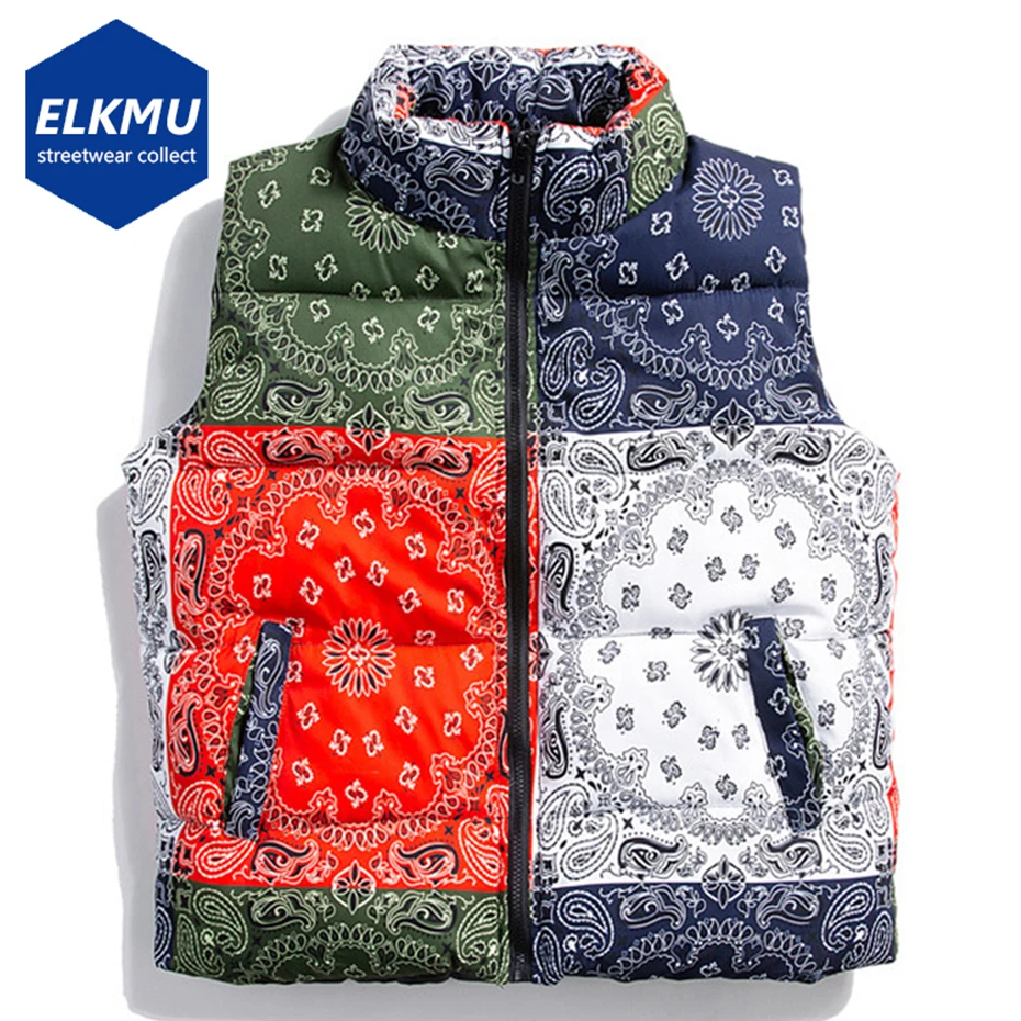Zimná čalúnená vesta Paisley Bandana Pattern Husté teplé vesty Fashion Streetwear Hip Hop Hop Puffer Batchets Parkas Coats Men