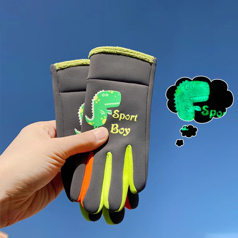 Zimné detské rukavice Karikatúra Dinosaurus Fluorescencia Cycling Kids Warm Šport lyžovanie veterné vodotesné chlapci dievčenské rukavice