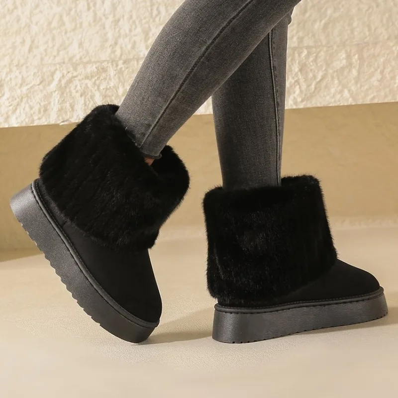 Zimné dámske topánky Čierne okrúhle prsty pevné kŕdle Plyšné teplé stredné päty vodné dôkazy Príležitostné snehové topánky Ženy Zapatos mjer veľkú veľkosť