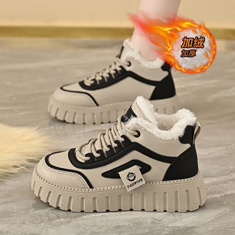 Zimné dámske vysoké horné tenisky plyšové teplé bavlnené topánky Dizajnérske platformy Snehové topánky pre ženy kožené príležitostné topánky Zapatos mjer