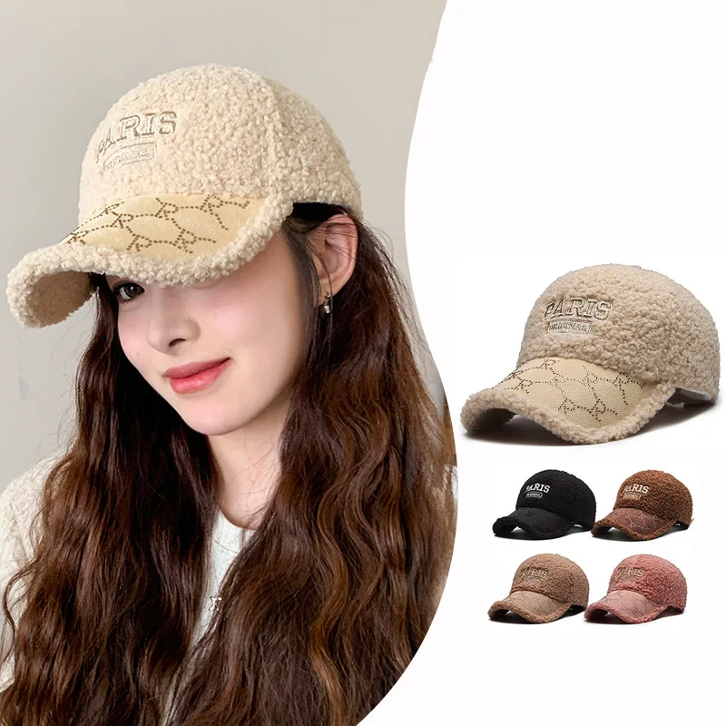 Zimné dámy Kórejské vyšívanie Hot Diamond Baseball Cap Lambsmere Cap Outdoor Fashion Teplý slnečný klobúk