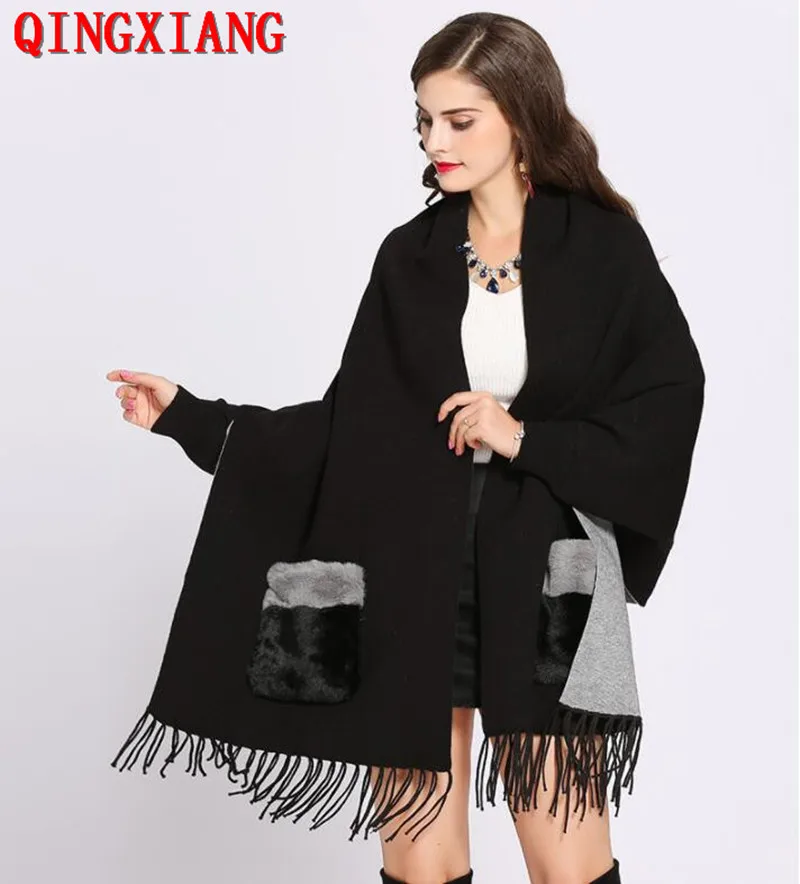 Zimné faux kašmíru Poncho Loose Streetwear Ženy Batwing Ruckve Shawl Capes Capes Forge Vrecko s nadmerne nadmerne