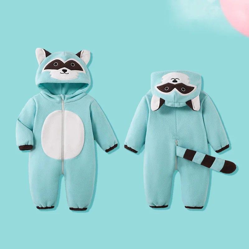 Zimné Halloween Dievčatá Romper s kapucňou bavlnené batoľa dojčenské oblečenie Onesie Cartoon Laccoon BodySuits kombinézy kostým bebe
