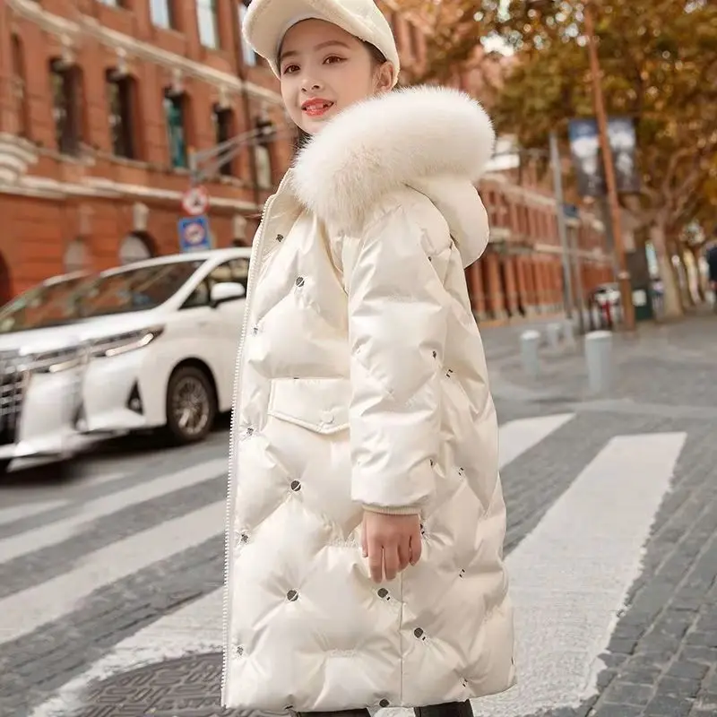 Zimné hrubé bavlnené kabáty pre dievčatá vodotesné kožušinové kapucňové bundy Kids Outerwear Clothing Teenage Parka Snawsuit 10 rokov