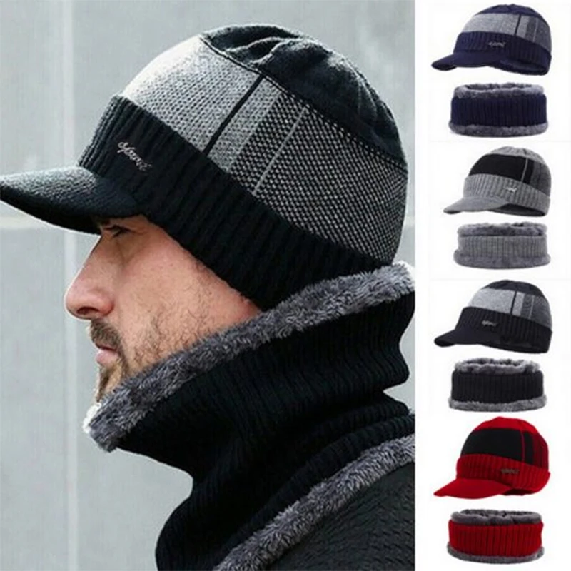 Zimné klobúky pre mužov lebky čiapky Čiapky Zimné čiapky Men ženy Wool Capu Set Set Balaclava Mask