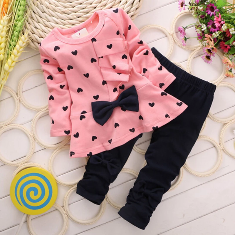 Zimné nové módne dievčatá oblečenie luk, šaty topy legíny pre deti okrúhle krk Polka dot športové obleky detské oblečenie