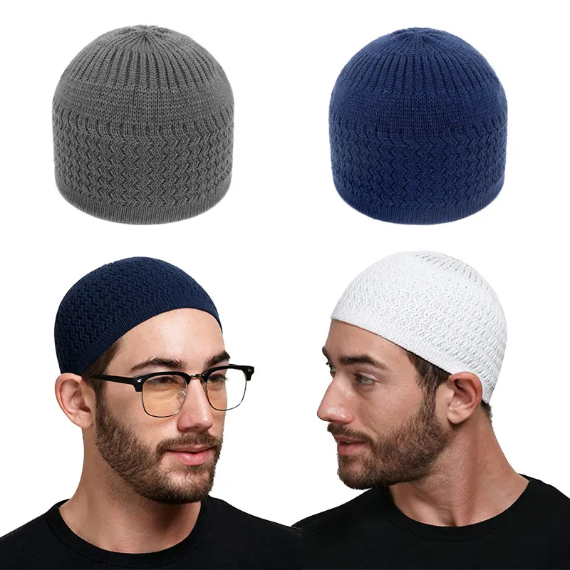 Zimné pletené moslimské muži modlitbové klobúky teplé čiapky mužov čiapka islamský ramadán Židovský kipph homme klobúk unisex obal hlava čiapka