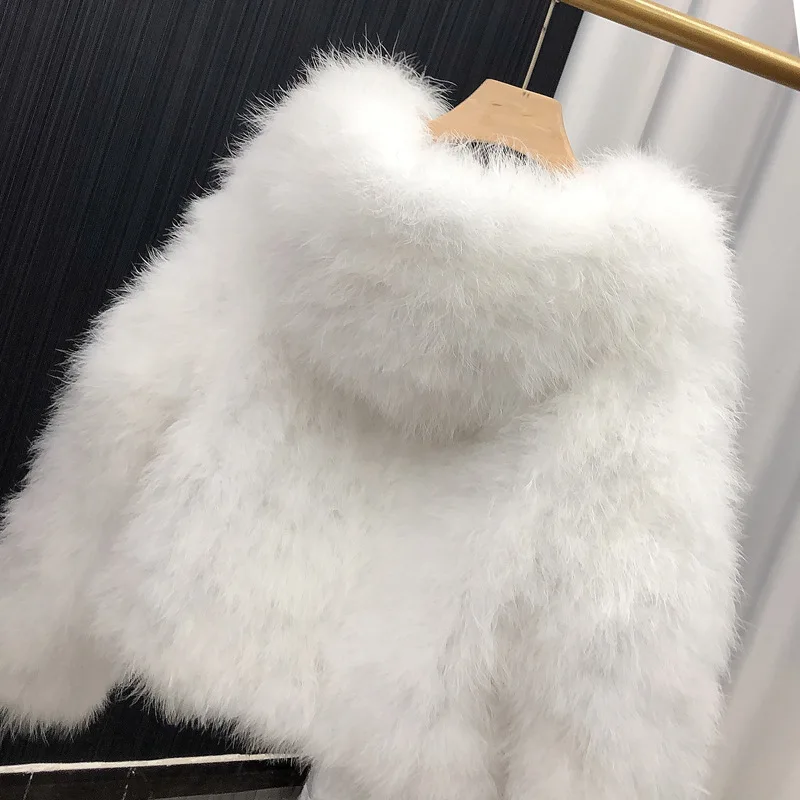 Zimné pštrosové perie morčacie kožušiny pre ženy pre ženy s plným rukávom s kapucňou Pluffy kožušina móda módne teplé Outwear Outwear Female Y3457