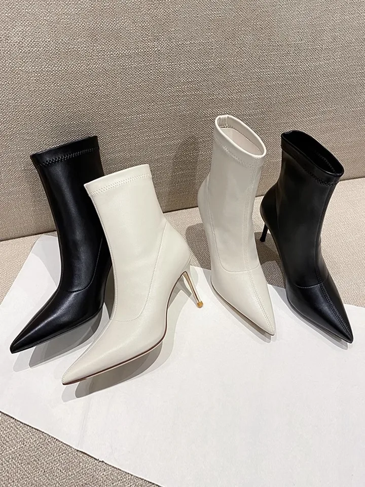 Zimné topánky Lady Boots-Women Pointe Shoes 2023 špicaté biele členok vysoké podpätko jesenná kožená gumá