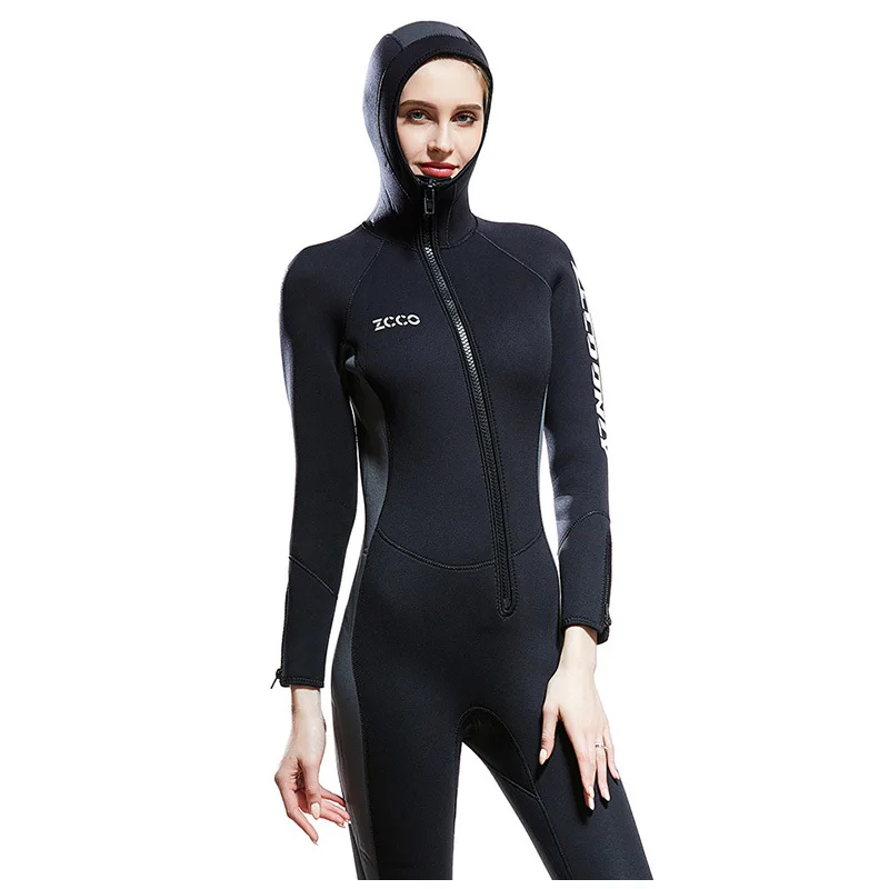 Zimné ženy 5 mm neoprénové kapucne neopietané celé telo potápačský oblek šnorchlovanie potápača Spearfishing Deepwater Termal Swimsuit