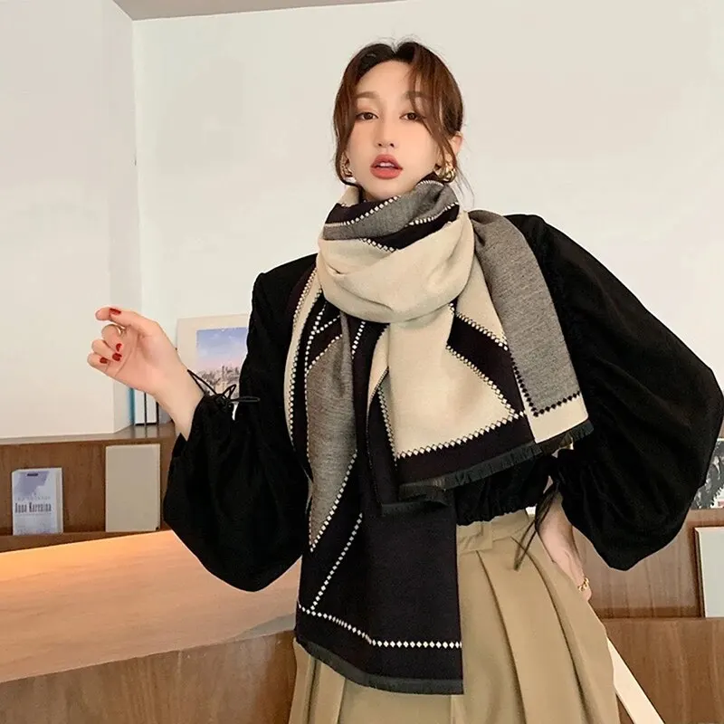 Zimné ženy Cashmere šál čierna šedá farebná šatka zahustená teplé geometrické šatky Imitácia Pashmina Tippet 190*65 cm
