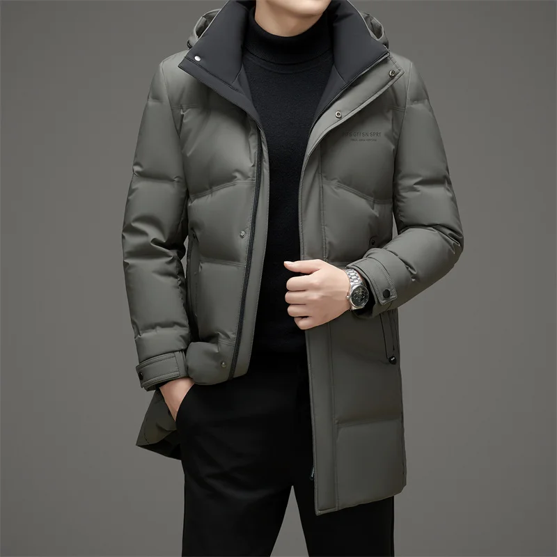 Zimní muži čierne šedé Puffer Parkas Tepelne kapucňa kapucň