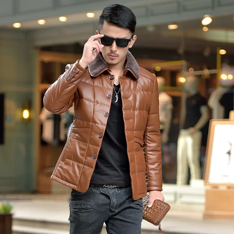 Zimný klopný kožušina kožušina kožená bunda dole bunda Men Slim Fit Kórejský dole kabát Muž Warm Duck Down Puffer bunda