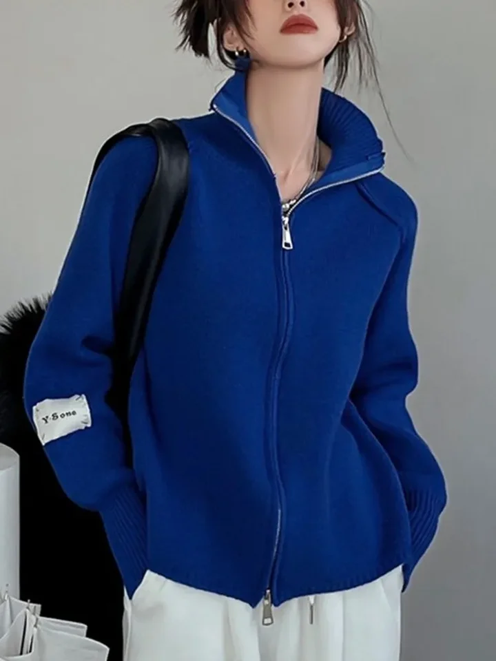 Zimný vintage sveter Ženy Stand-up golier modrý pletený kašmíru Cardigan Retro America Ladies Cardigans Female 2023