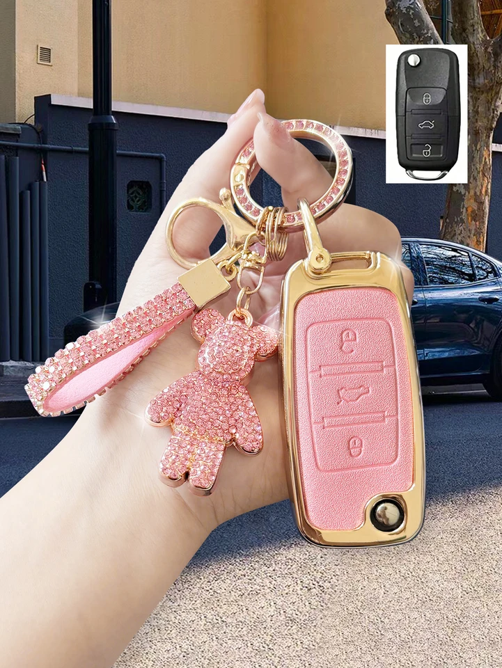 Zinková zliatina ružová matná kožená kožená auto diaľkové ovládanie Key puzdro proti pádu High-end Cover Shell Volkswagen/Skladacie tri kľúčy/Lavida